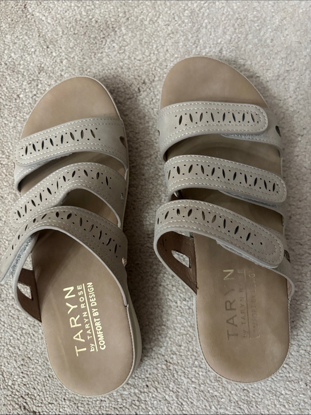 Taryn Rose Taupe Laser-Cut Triple Strap Slide Sandals